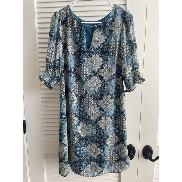 JH Dress Flowy Teal Floral Geometric Patterned Short Sleeve Dress Size 12 NWT - Picture 1 of 10